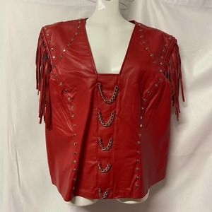 Leather Gallery Vest Leather Fringe Biker Women's Size XL Worn Once Red Studded